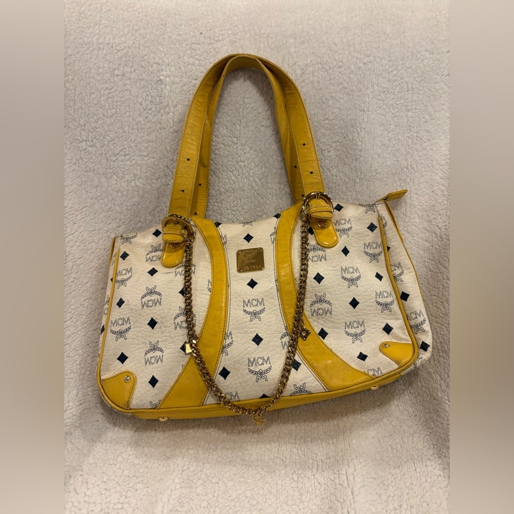 White & Yellow Leather MCM Visetos Shoulder Bag